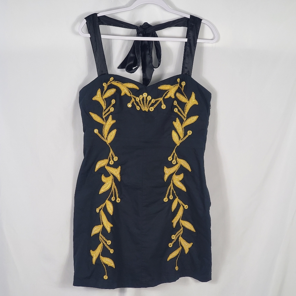 NWT Free People Leaf Motif Mini Dress in Black and Gold - Size 12